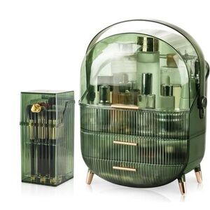 Green Cosmetic Organizer with Gold Accents